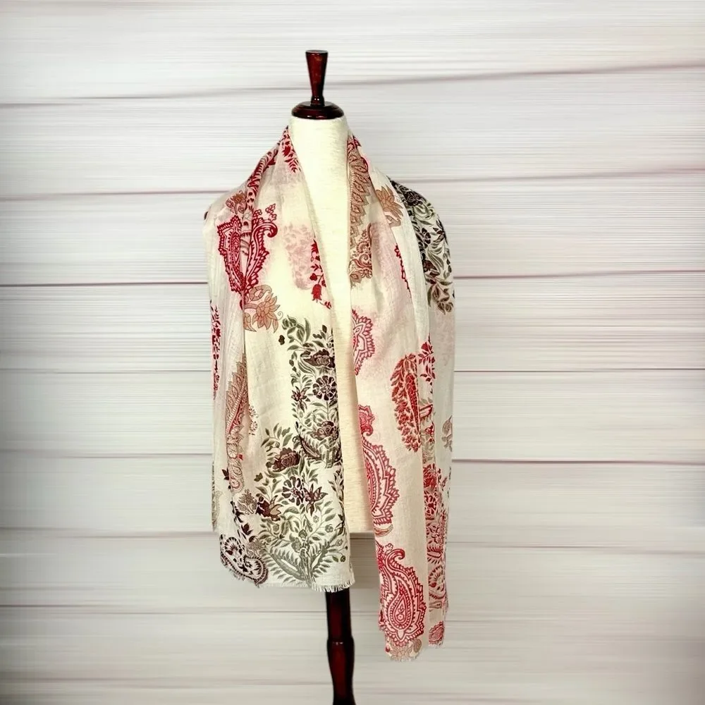 NWOT J. Jill Lightweight Oblong Scarf Woven Wool Paisley Wrap Ivory Red 24x70